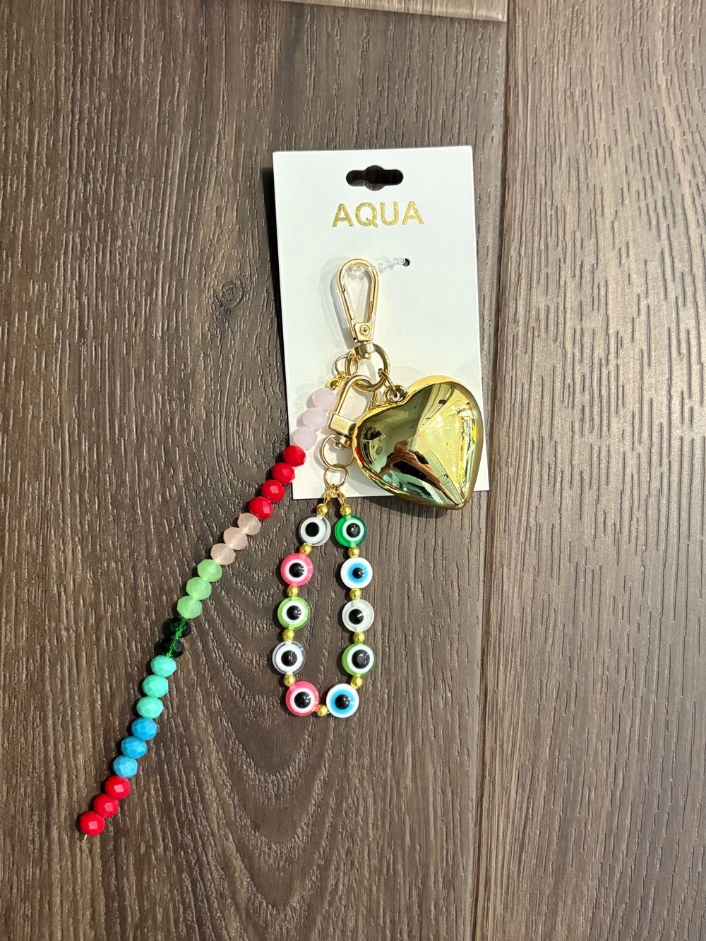 Aqua Multicolor Bead Strap & Gold Heart Bag Charm